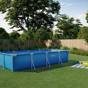 An above ground pool in a backyard