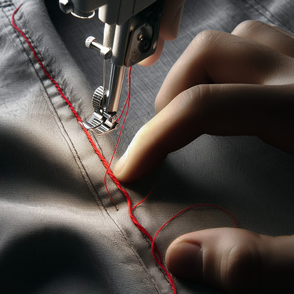 a closeup of a pants sewn with a red thread