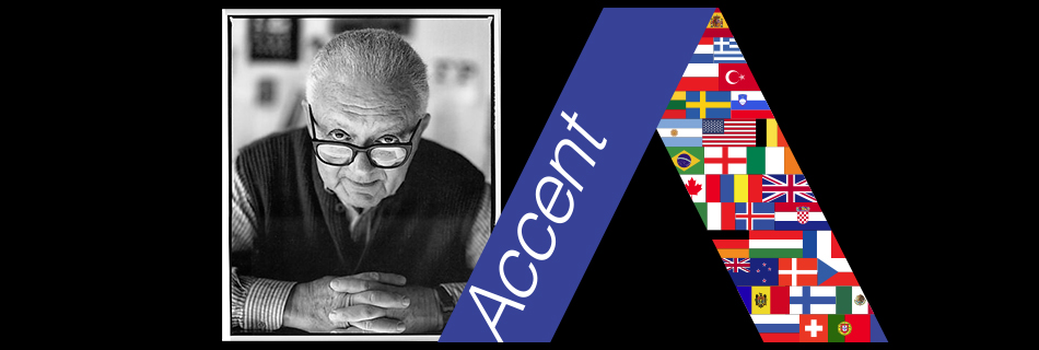 Paul Rand's portrait by Peter Arnell, with Accent logo