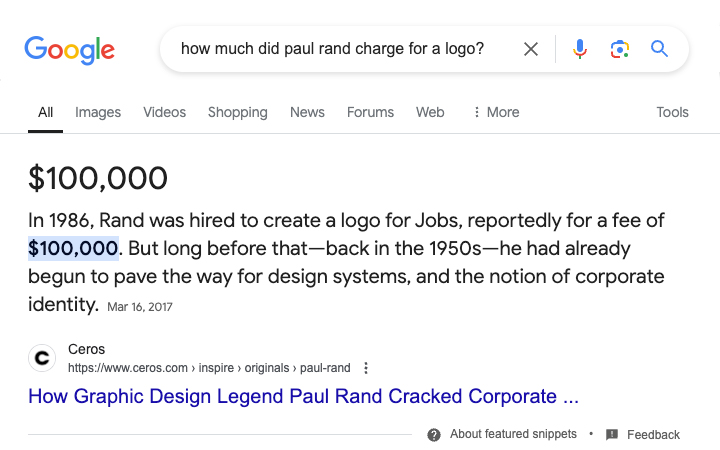 Google search result for Paul Rand's logo design fee