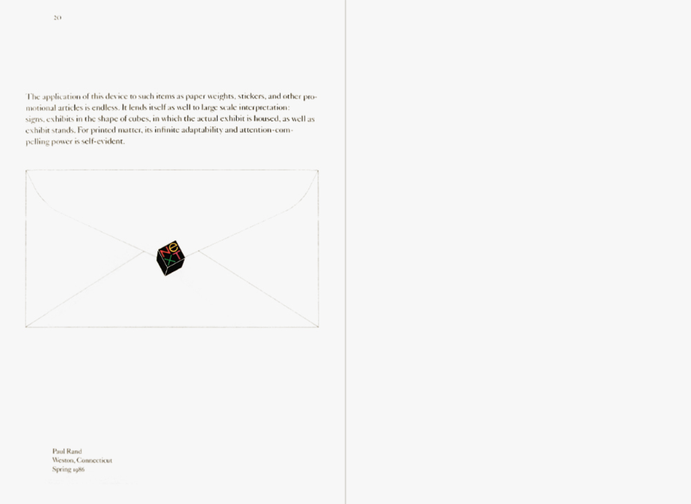 The last page of Paul Rand's NeXT Computer logo presentation, with the tilted sticker logo