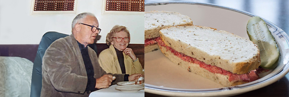 Paul and Marion Rand and a recreation of their corned beef sandwich