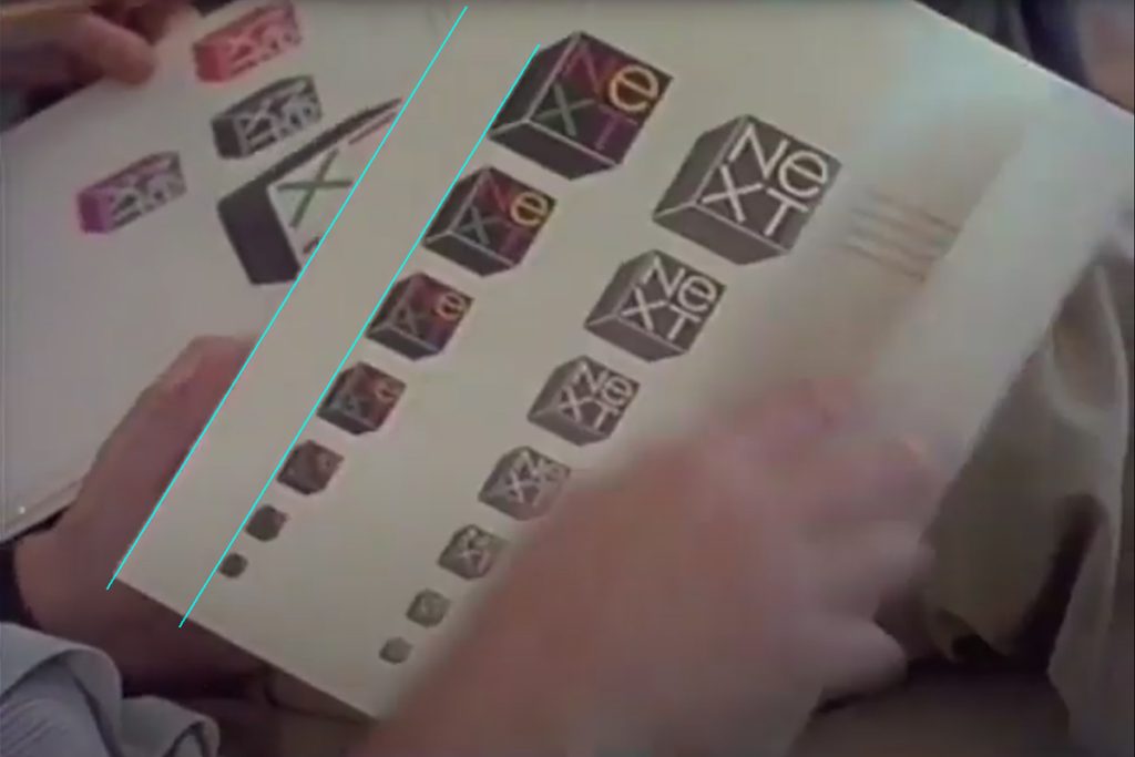 A still from a video of Paul Rand's NeXT logo presentation